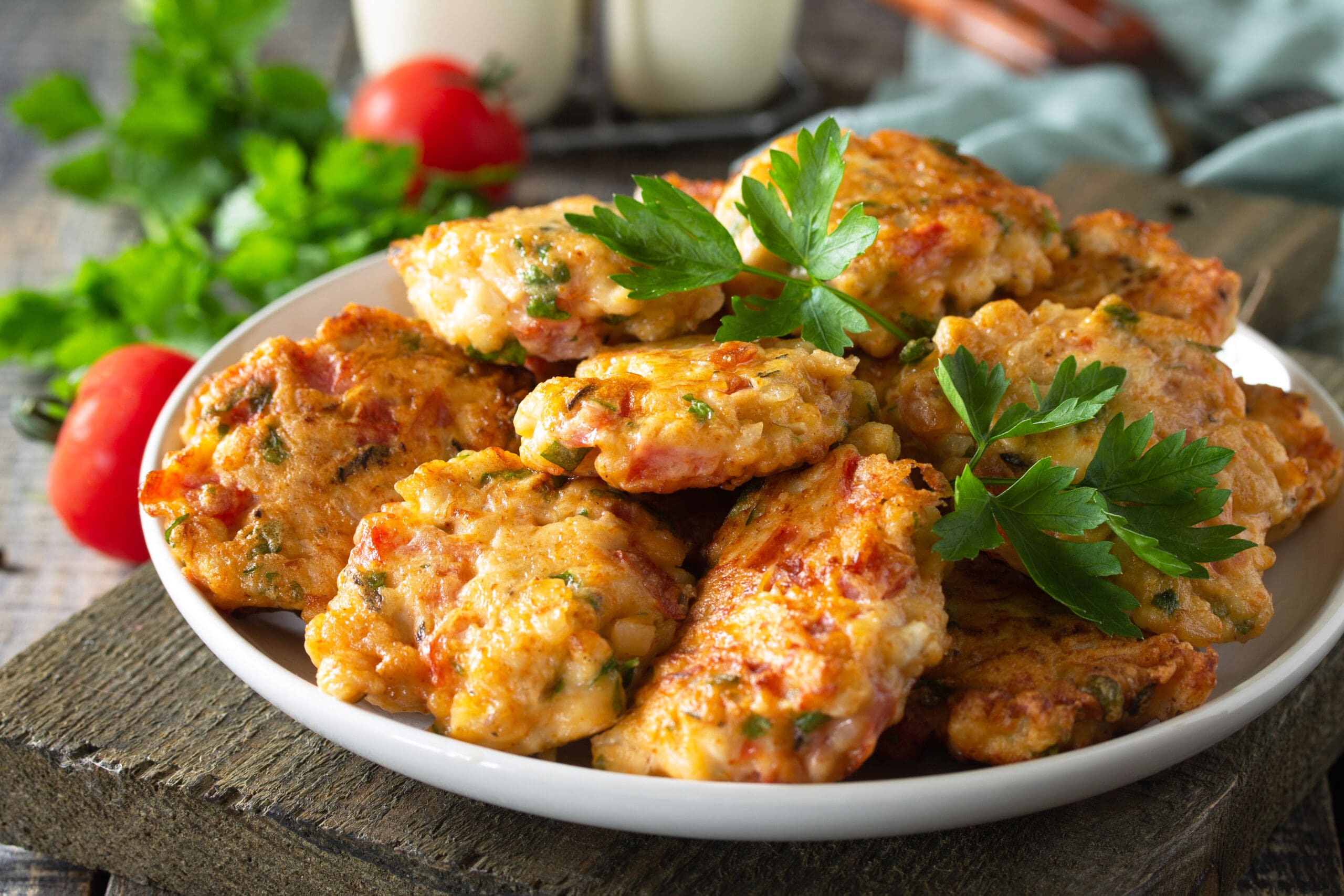 Chicken meatballs with minced meat with tomatoes in a bowl on a wooden rustic table.